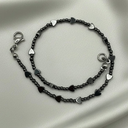 Polished Hematite Heart Ankle Bracelet • Summer Vacation Jewelry • Plus Size Available