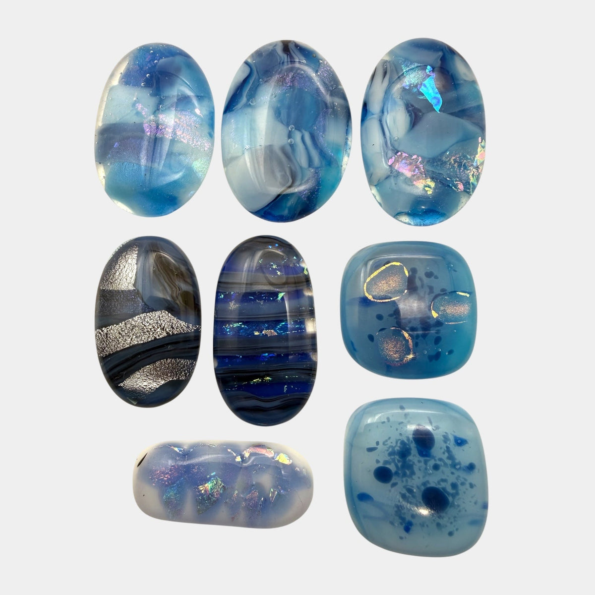 SunshineBeads handmade blue dichroic glass cabochons with iridescent shimmer for artisan jewelry making