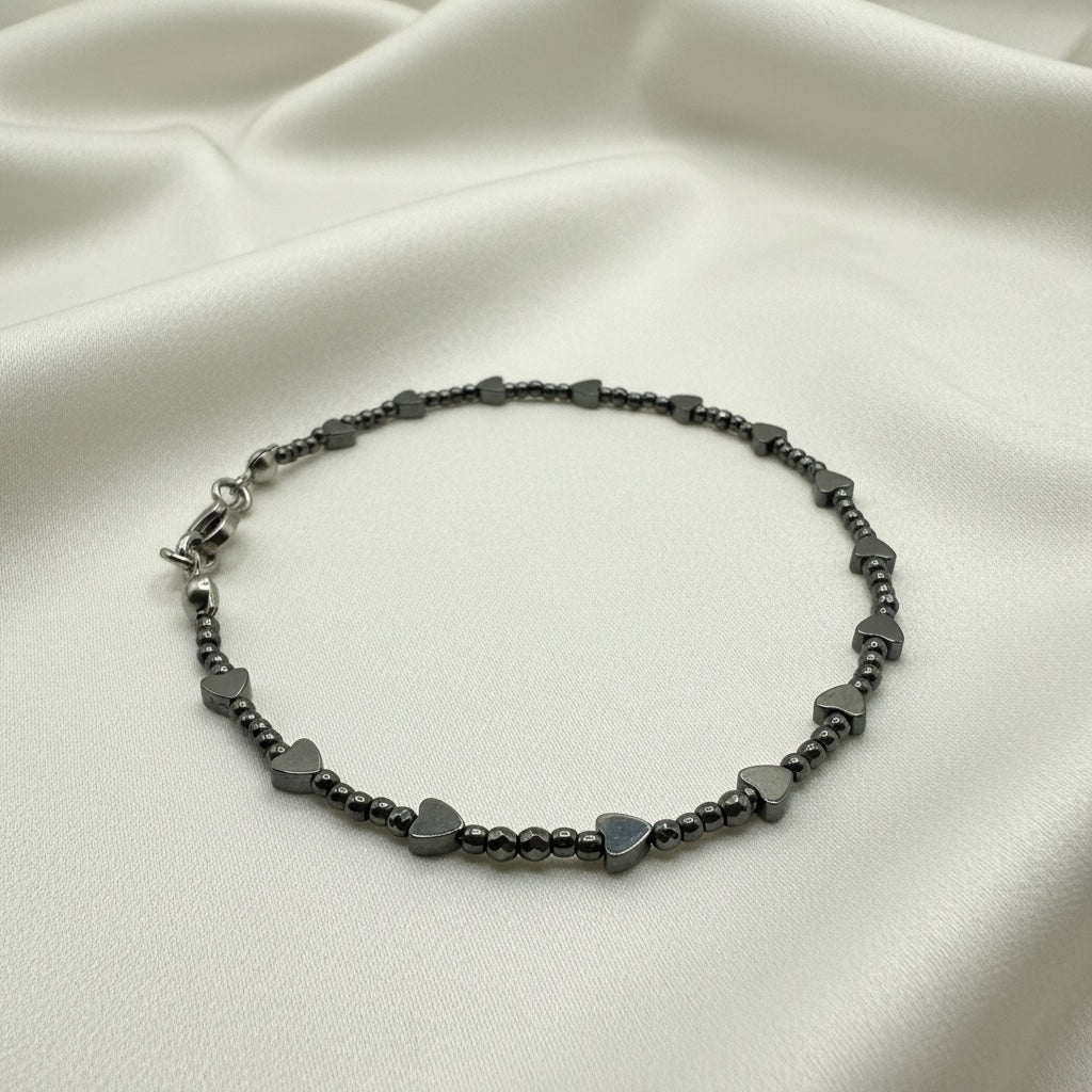 Polished Hematite Heart Ankle Bracelet • Summer Vacation Jewelry • Plus Size Available