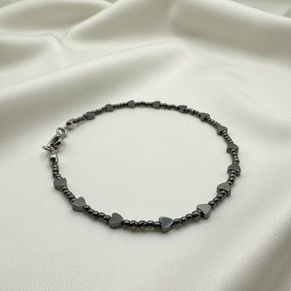 Polished Hematite Heart Ankle Bracelet • Summer Vacation Jewelry • Plus Size Available