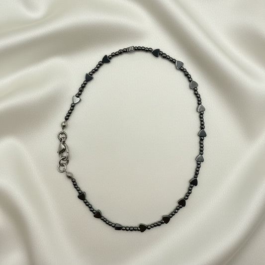 Polished Hematite Heart Ankle Bracelet • Summer Vacation Jewelry • Plus Size Available