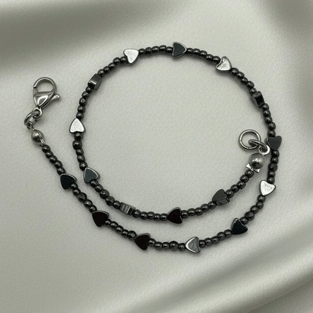 Polished Hematite Heart Ankle Bracelet • Summer Vacation Jewelry • Plus Size Available