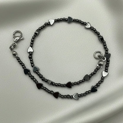 Polished Hematite Heart Ankle Bracelet • Summer Vacation Jewelry • Plus Size Available