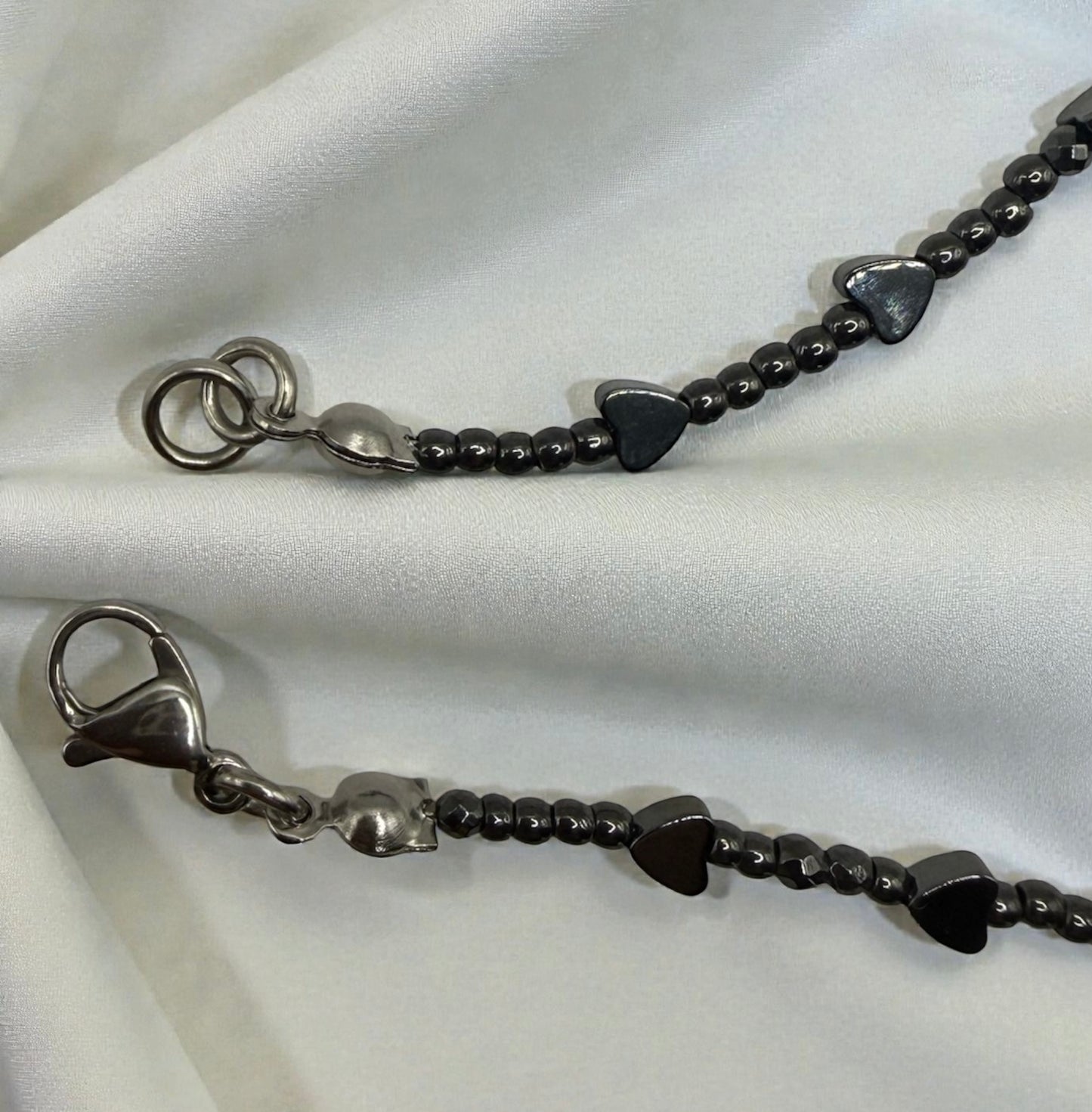 Polished Hematite Heart Ankle Bracelet • Summer Vacation Jewelry • Plus Size Available