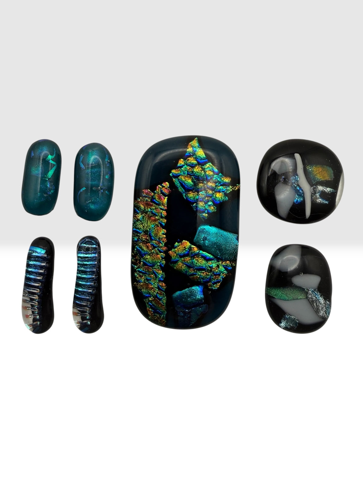 Dichroic Fused Glass Cabochons • lot of 7 including Statement Piece • COE90 • Hand Made • Free Shipping • Jewelry Making