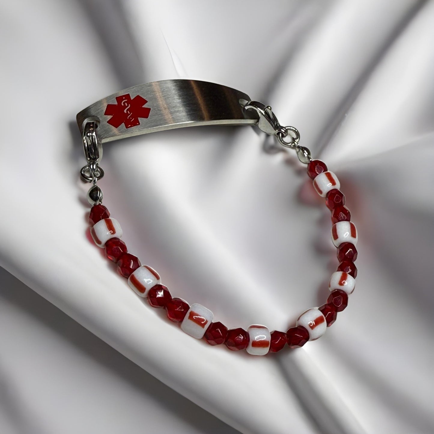 Vintage Red & White Porcelain‑Style Medical Alert Bracelet