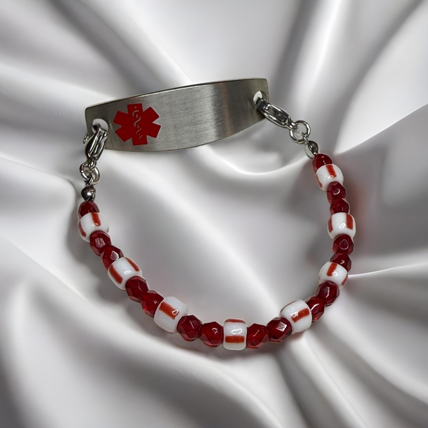 Vintage Red & White Porcelain‑Style Medical Alert Bracelet
