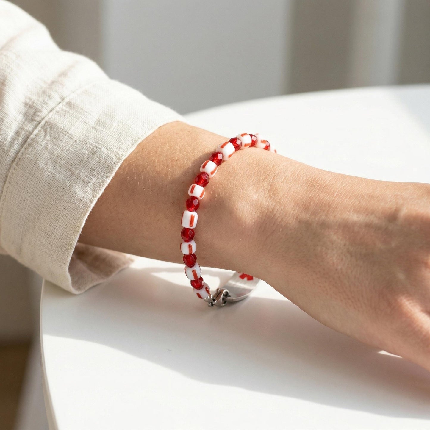 Vintage Red & White Porcelain‑Style Medical Alert Bracelet