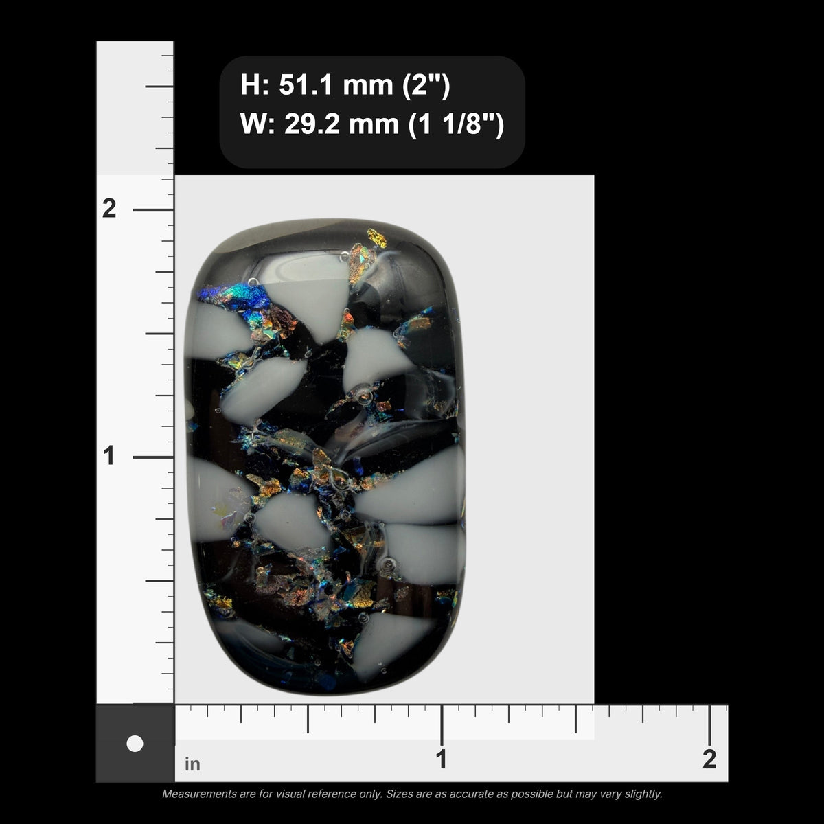 SunshineBeads handmade dichroic fused glass cabochon with black base and iridescent mosaic white and metallic accents.