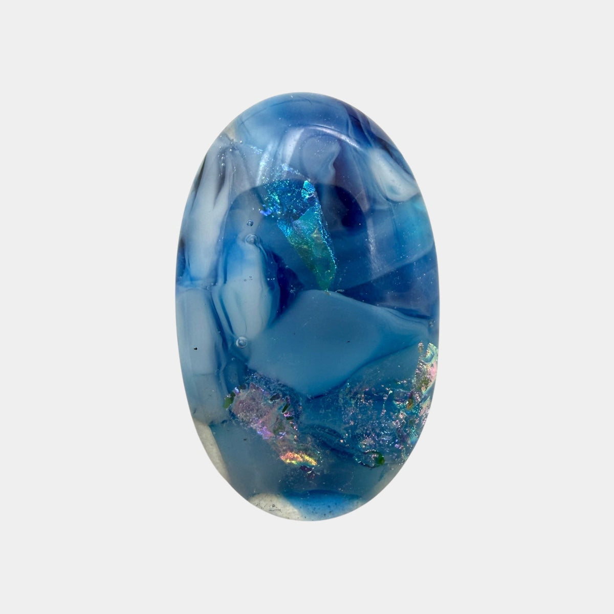 SunshineBeads blue dichroic glass cabochon with iridescent sparkle, domed top, and flat back for jewelry making.