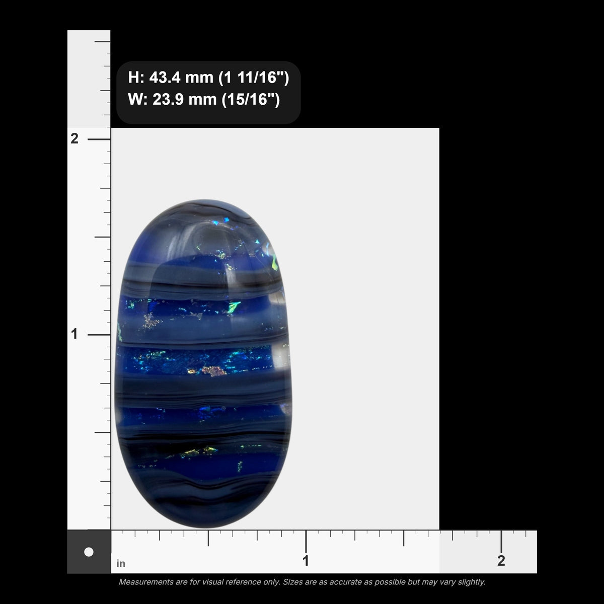 SunshineBeads blue dichroic glass cabochon with iridescent shimmer, oval shape, and flat back for jewelry making.