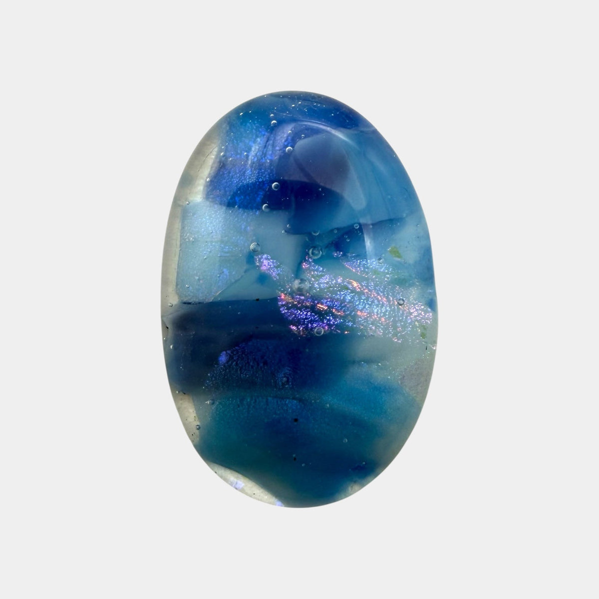 SunshineBeads blue dichroic glass cabochon with iridescent sparkle, domed top, and flat back for jewelry making.