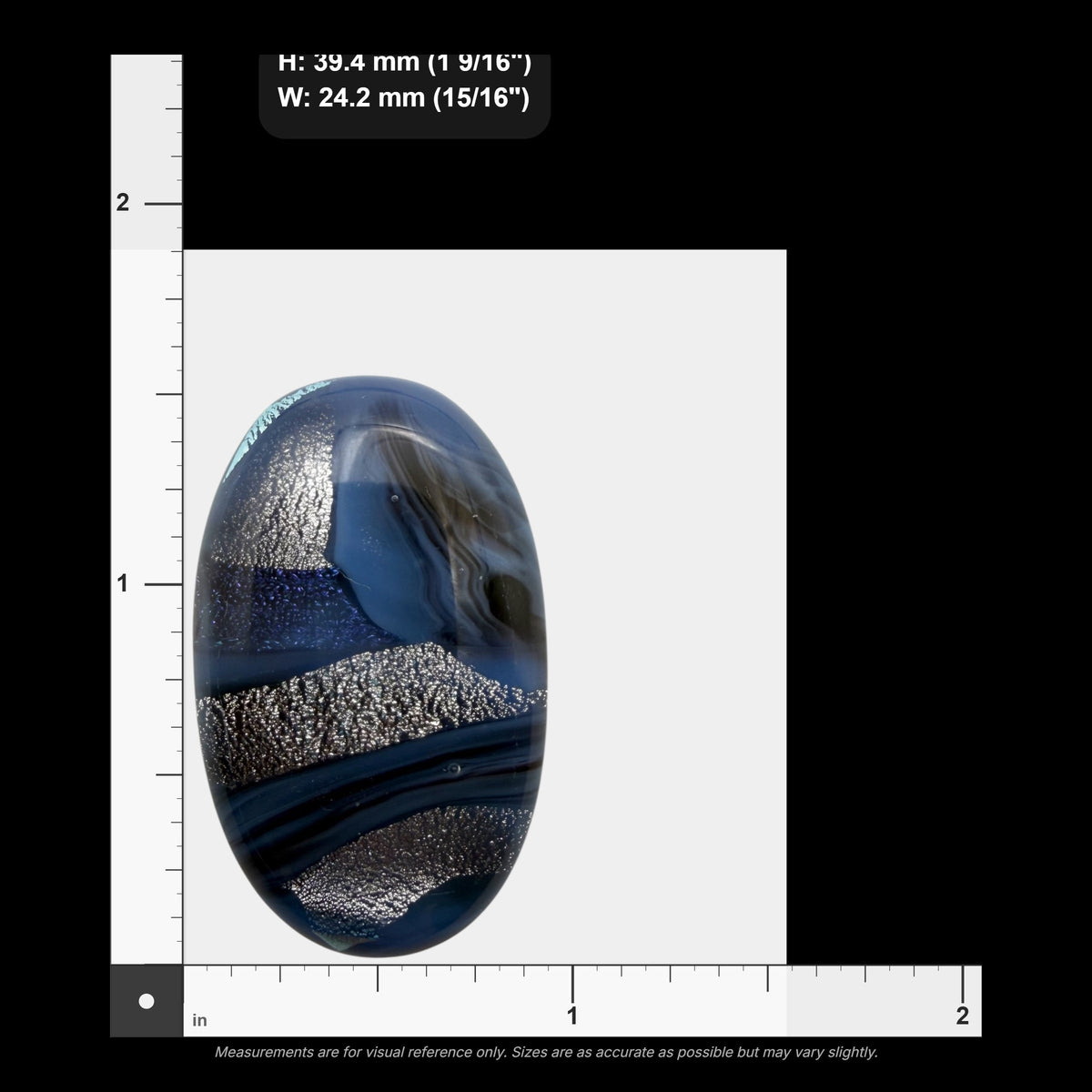 SunshineBeads oval blue dichroic glass cabochon with silver metallic patterns, shown against a measurement scale.