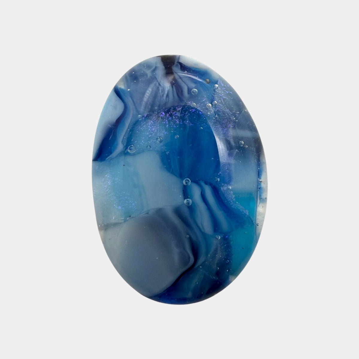 SunshineBeads handmade blue dichroic glass cabochon with iridescent swirls and a smooth domed finish for jewelry making