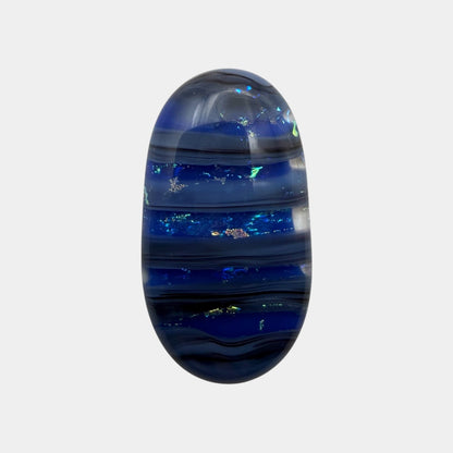 SunshineBeads oval blue dichroic glass cabochon with iridescent sparkle and layered fused glass texture