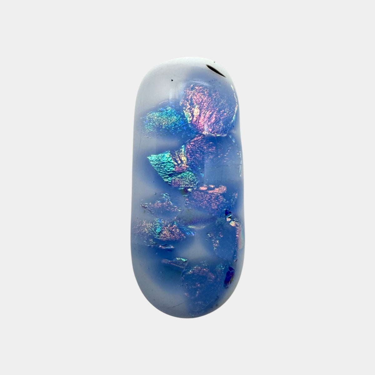 SunshineBeads handmade blue dichroic glass cabochon with iridescent shimmer and domed flatback for jewelry making.
