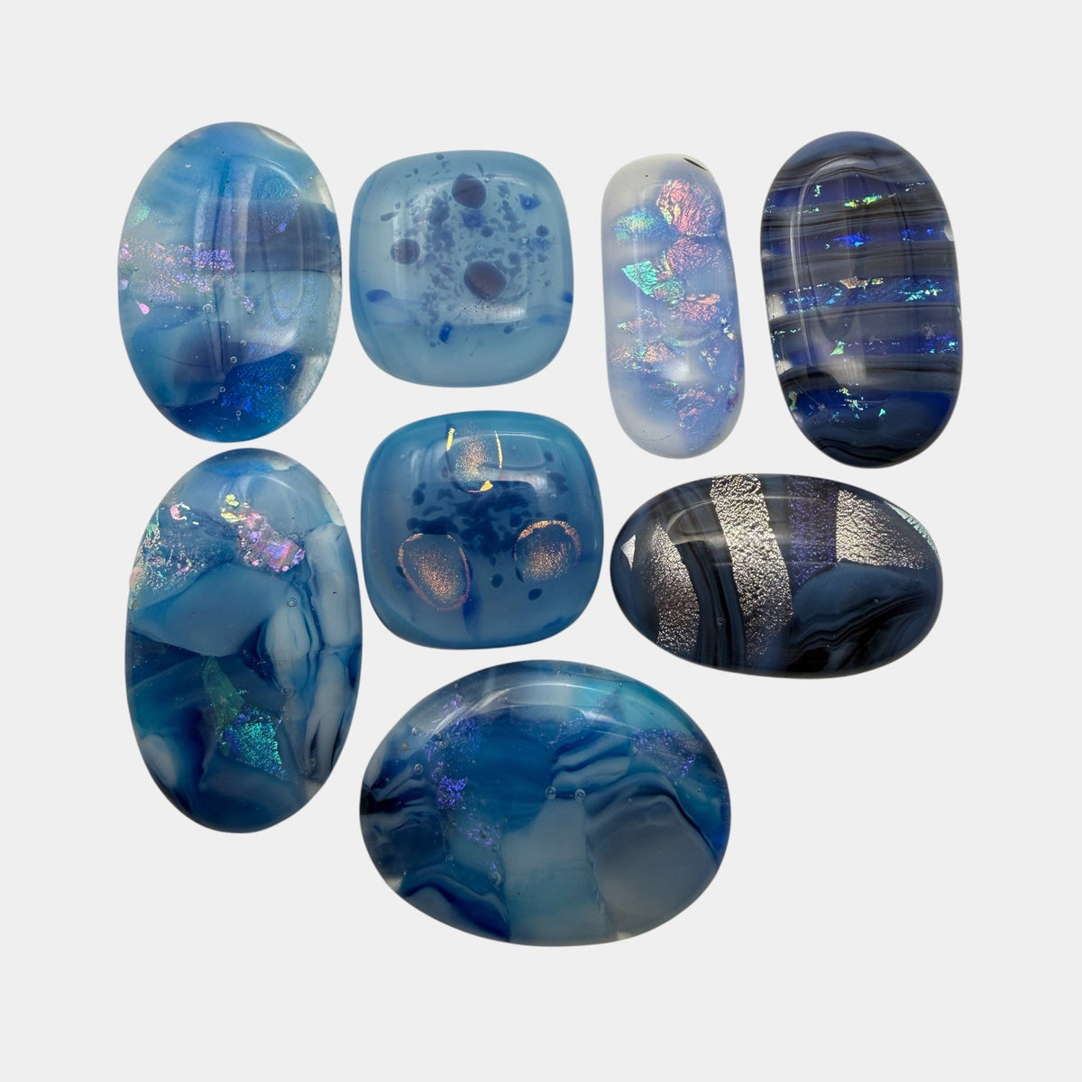 SunshineBeads handmade blue dichroic glass cabochons with iridescent sparkle and unique fused patterns for jewelry