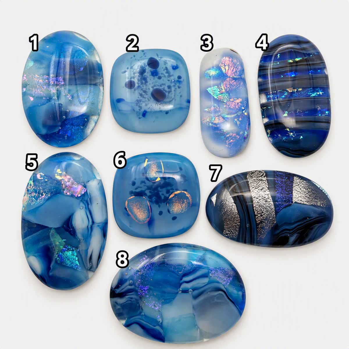 SunshineBeads set of eight unique blue dichroic glass cabochons with iridescent sparkle for jewelry making