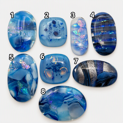 SunshineBeads set of eight unique blue dichroic glass cabochons with iridescent sparkle for jewelry making