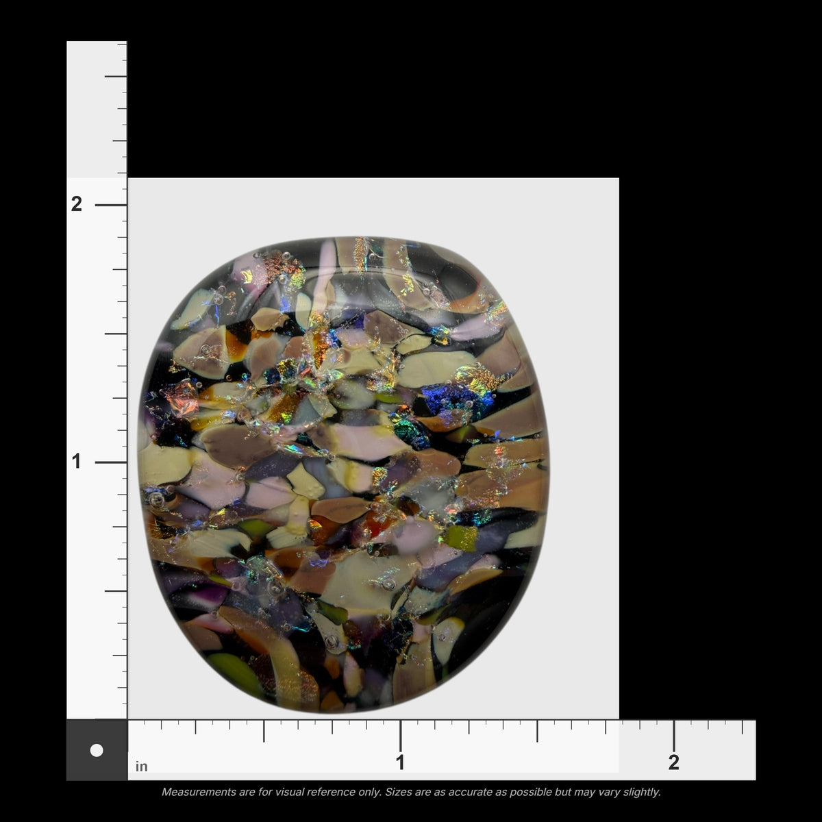 SunshineBeads handmade dichroic fused glass cabochon with a black base and iridescent mosaic-style multicolor flakes.