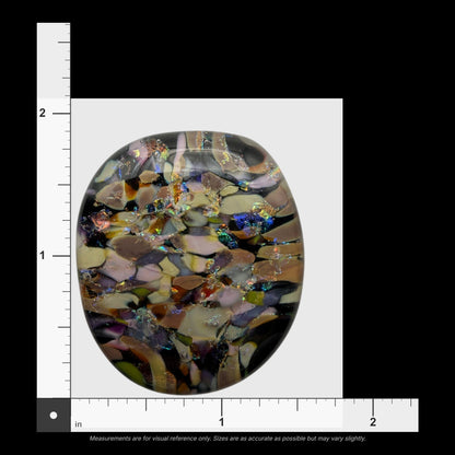 SunshineBeads handmade dichroic fused glass cabochon with a black base and iridescent mosaic-style multicolor flakes.