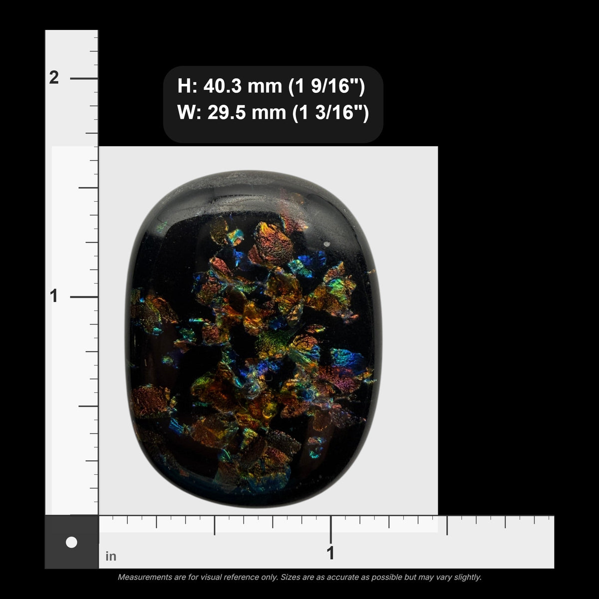 SunshineBeads handmade COE90 dichroic fused glass cabochon with black base and iridescent emerald and sapphire flakes