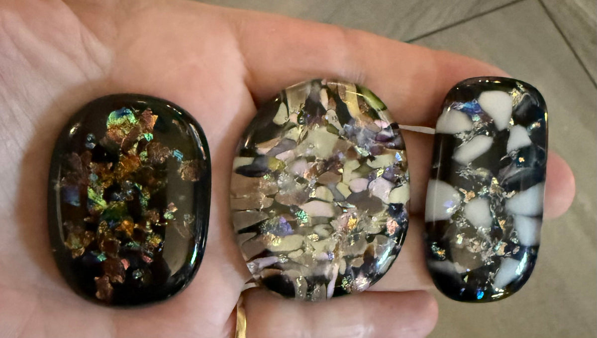 SunshineBeads set of three handmade COE90 dichroic fused glass cabochons with mosaic patterns in black and iridescent